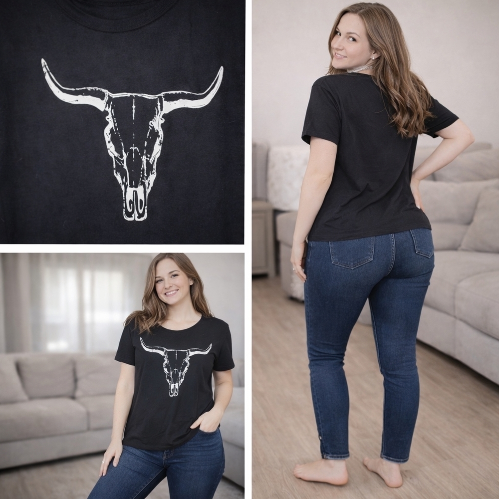 SHEIN Black Short Sleeve Tee with Bull Skull Design
